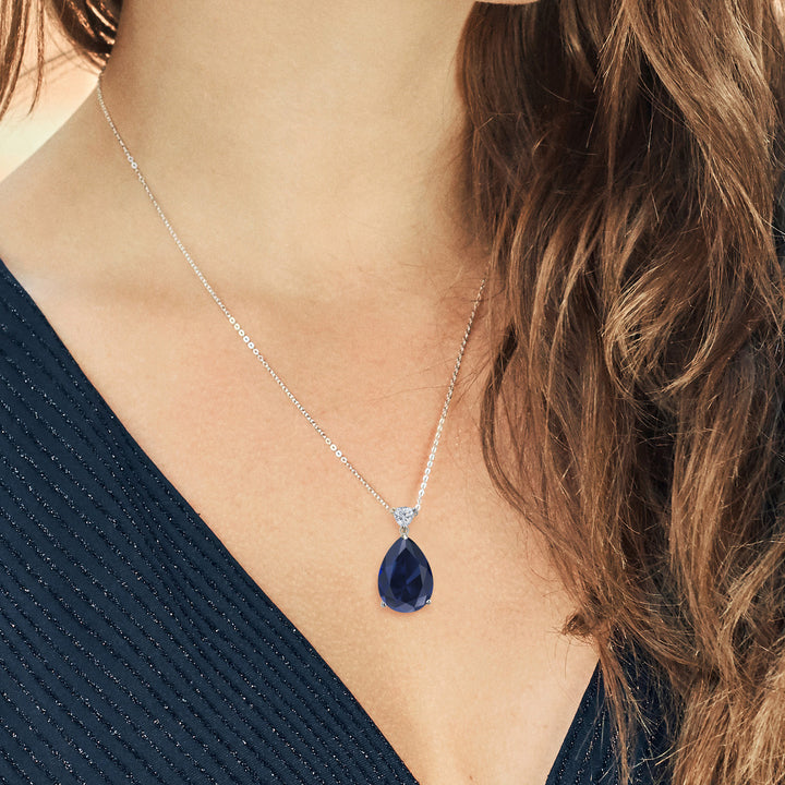 925 Sterling Silver Blue Created Sapphire and Lab Grown Diamond Pendant Necklace for Women | 13.00 Cttw | Gemstone September Birthstone | Pear Shape 18X13MM | With 18 Inch Chain