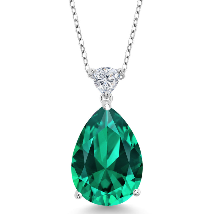 925 Sterling Silver Green Nano Emerald and Lab Grown Diamond Pendant Necklace for Women | 9.62 Cttw | Gemstone May Birthstone | Pear Shape 18X13MM | With 18 Inch Chain