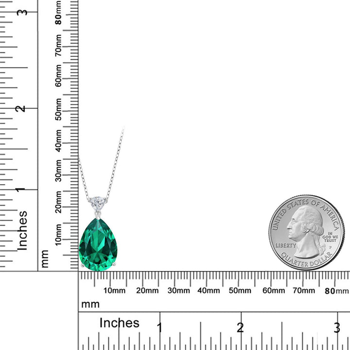 925 Sterling Silver Green Nano Emerald and Lab Grown Diamond Pendant Necklace for Women | 9.62 Cttw | Gemstone May Birthstone | Pear Shape 18X13MM | With 18 Inch Chain