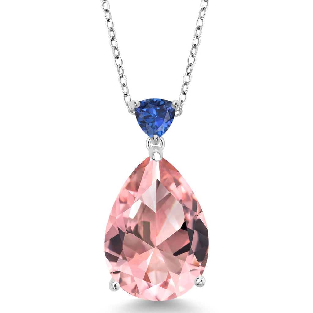 Gem Stone King Gemstone Birthstone and Blue Created Sapphire Teardrop Pendant Necklace for Women | 925 Sterling Silver | 18X13MM Pear Center with 5MM Trillion Accent | 18-Inch Cable Chain