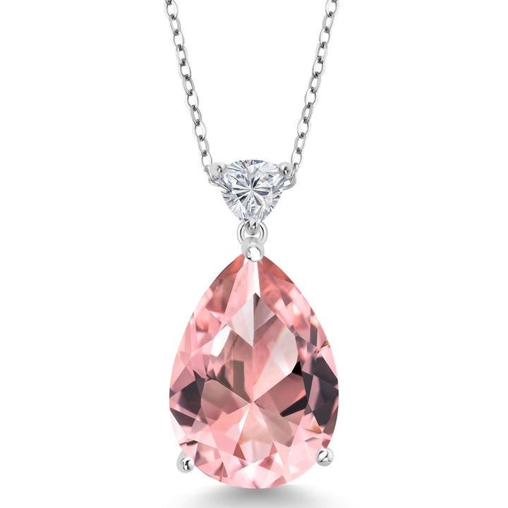 925 Sterling Silver Peach Nano Morganite and Lab Grown Diamond Pendant Necklace for Women | 10.72 Cttw | Gemstone October Birthstone | Pear Shape 18X13MM | With 18 Inch Chain