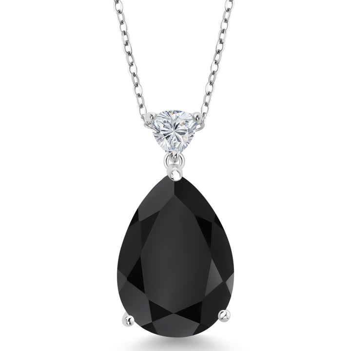 925 Sterling Silver Black Onyx and Lab Grown Diamond Pendant Necklace for Women | 10.28 Cttw | Gemstone December Birthstone | Pear Shape 18X13MM | With 18 Inch Chain