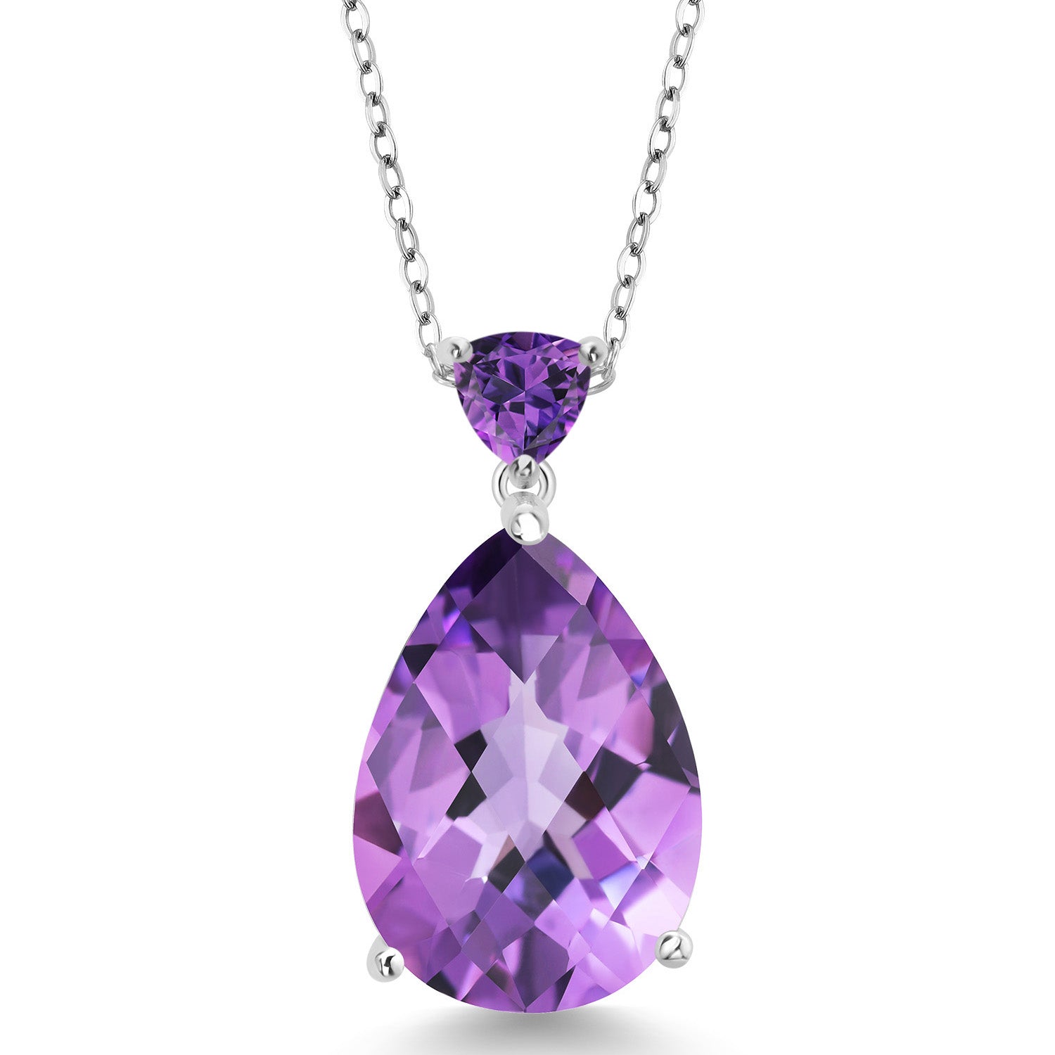 925 Sterling Silver Purple Amethyst Pendant Necklace For Women (10.22 Cttw, Gemstone Birthstone, Pear Shape Checkerboard 18X13MM, with 18 Inch Chain)