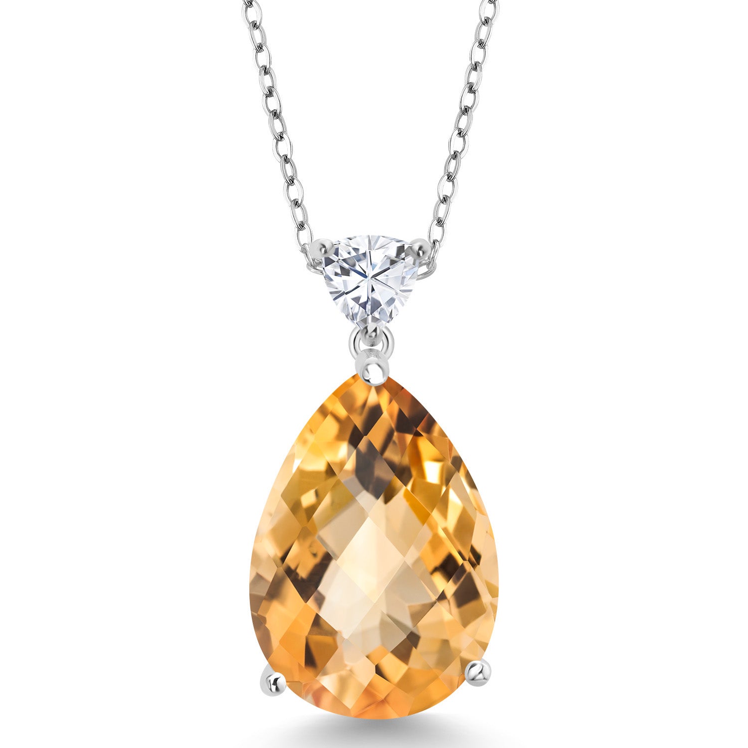 925 Sterling Silver Pear Shape Checkerboard Citrine and White Moissanite Pendant Necklace For Women (11.27 Cttw, Gemstone Birthstone, with 18 Inch Chain)