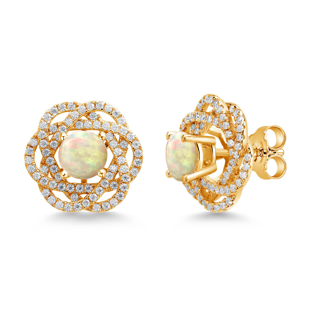 Gem Stone King 18K Yellow Gold Plated Silver Round 6MM Gemstone Birthstone Stud Earrings with White Moissanite Removable Earrings Jackets For Women