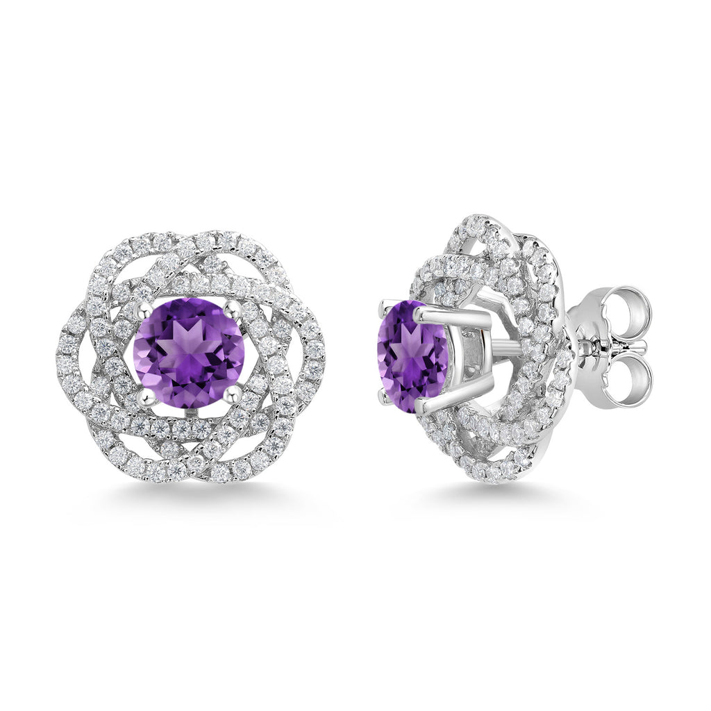 Gem Stone King 925 Sterling Silver Round 6MM Gemstone Birthstone Stud Earrings with White Moissanite Removable Earrings Jackets For Women