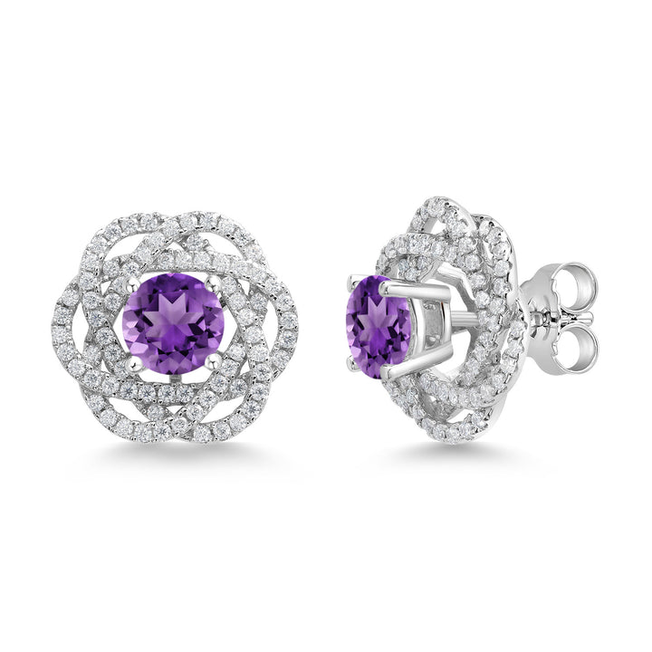 Gem Stone King 925 Sterling Silver Round 6MM Gemstone Birthstone Stud Earrings with White Moissanite Removable Earrings Jackets For Women