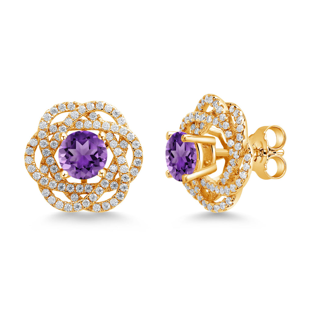 Gem Stone King 18K Yellow Gold Plated Silver Round 6MM Gemstone Birthstone Stud Earrings with White Moissanite Removable Earrings Jackets For Women