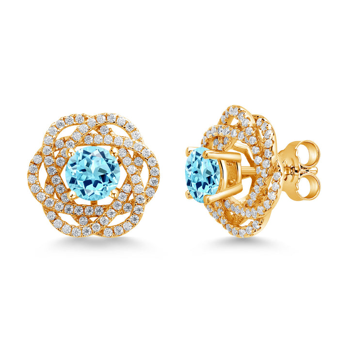 Gem Stone King 18K Yellow Gold Plated Silver Round 6MM Gemstone Birthstone Stud Earrings with White Moissanite Removable Earrings Jackets For Women