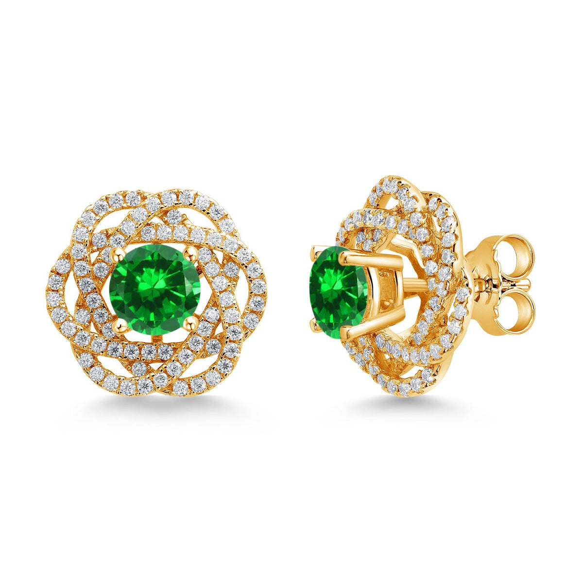 Gem Stone King 18K Yellow Gold Plated Silver Round 6MM Gemstone Birthstone Stud Earrings with White Moissanite Removable Earrings Jackets For Women