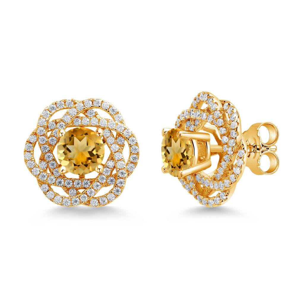 Gem Stone King 18K Yellow Gold Plated Silver Round 6MM Gemstone Birthstone Stud Earrings with White Moissanite Removable Earrings Jackets For Women