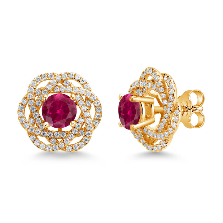 Gem Stone King 18K Yellow Gold Plated Silver Round 6MM Gemstone Birthstone Stud Earrings with White Moissanite Removable Earrings Jackets For Women