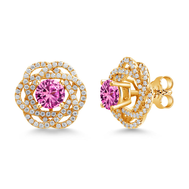 Gem Stone King 18K Yellow Gold Plated Silver Round 6MM Gemstone Birthstone Stud Earrings with White Moissanite Removable Earrings Jackets For Women