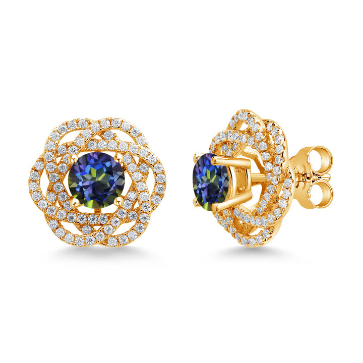 Gem Stone King 18K Yellow Gold Plated Silver Round 6MM Gemstone Birthstone Stud Earrings with White Moissanite Removable Earrings Jackets For Women