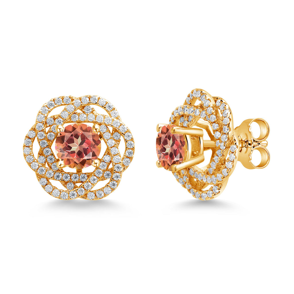 Gem Stone King 18K Yellow Gold Plated Silver Round 6MM Gemstone Birthstone Stud Earrings with White Moissanite Removable Earrings Jackets For Women