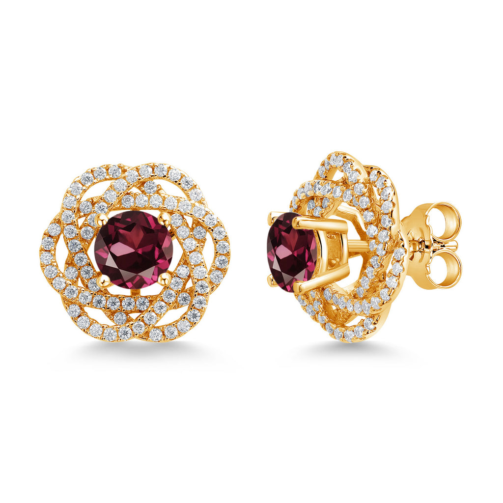 Gem Stone King 18K Yellow Gold Plated Silver Round 6MM Gemstone Birthstone Stud Earrings with White Moissanite Removable Earrings Jackets For Women