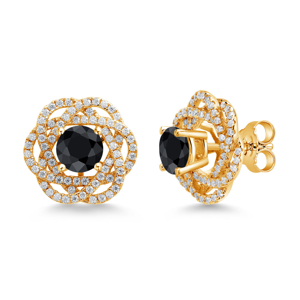 Gem Stone King 18K Yellow Gold Plated Silver Round 6MM Gemstone Birthstone Stud Earrings with White Moissanite Removable Earrings Jackets For Women