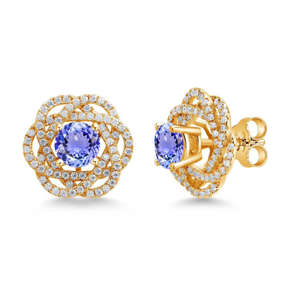 Gem Stone King 18K Yellow Gold Plated Silver Round 6MM Gemstone Birthstone Stud Earrings with White Moissanite Removable Earrings Jackets For Women