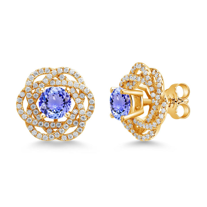 Gem Stone King 18K Yellow Gold Plated Silver Round 6MM Gemstone Birthstone Stud Earrings with White Moissanite Removable Earrings Jackets For Women