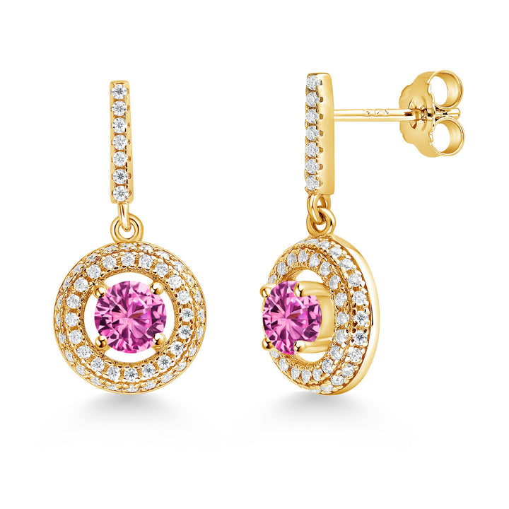 Pink Created Sapphire - September_Earrings in 925 Yellow Gold Plated Silver