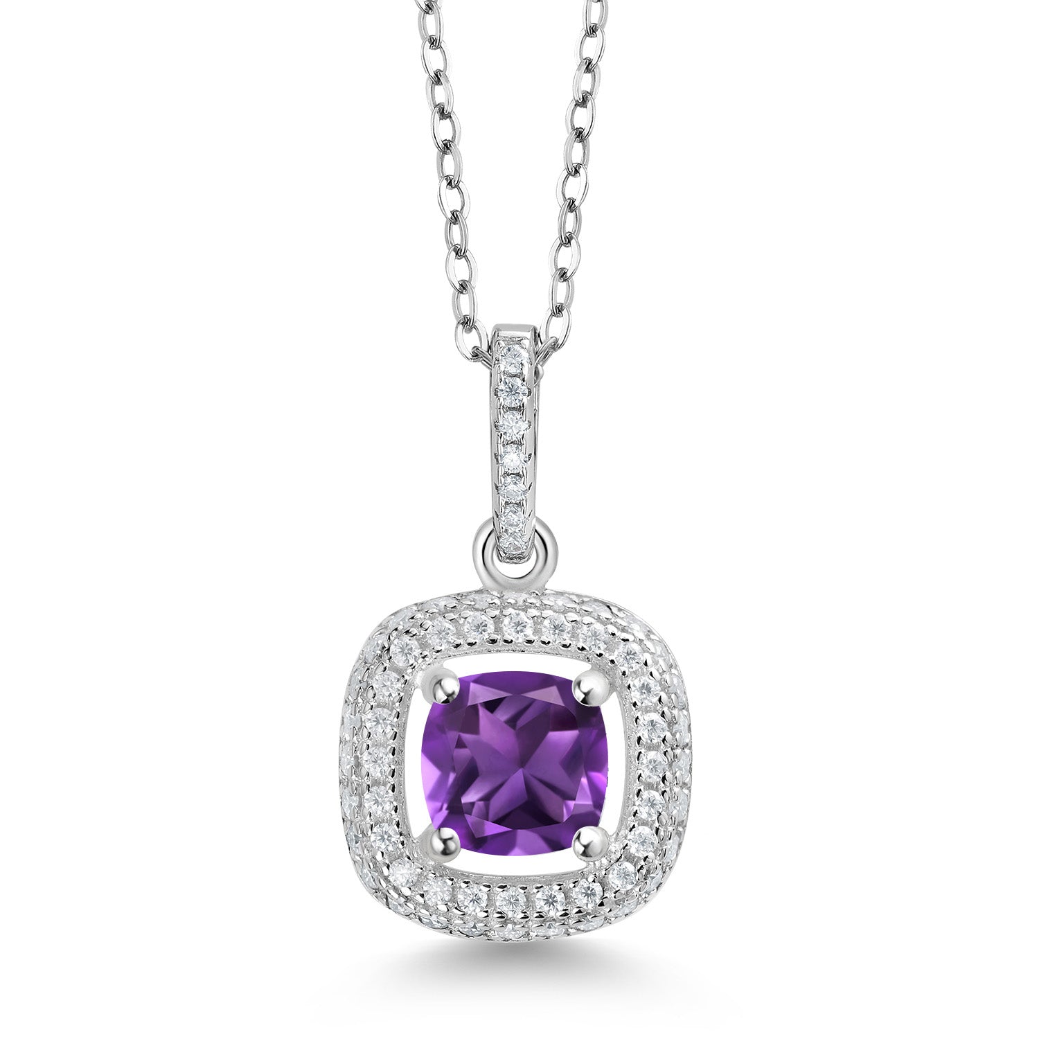 925 Sterling Silver Purple Amethyst and White Moissanite Pendant Necklace For Women (1.27 Cttw, Gemstone Birthstone, Cushion 6MM, with 18 Inch Chain)