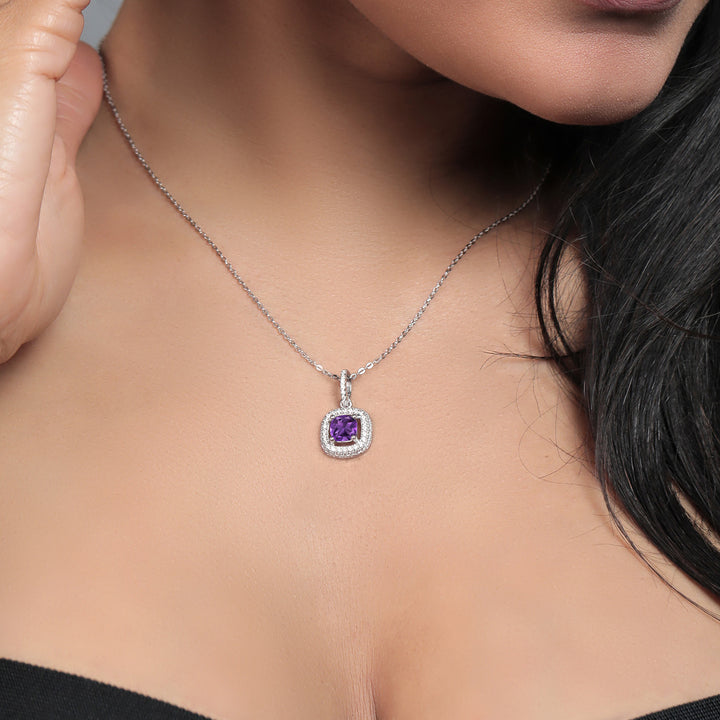 925 Sterling Silver Purple Amethyst and White Moissanite Pendant Necklace For Women (1.27 Cttw, Gemstone Birthstone, Cushion 6MM, with 18 Inch Chain)