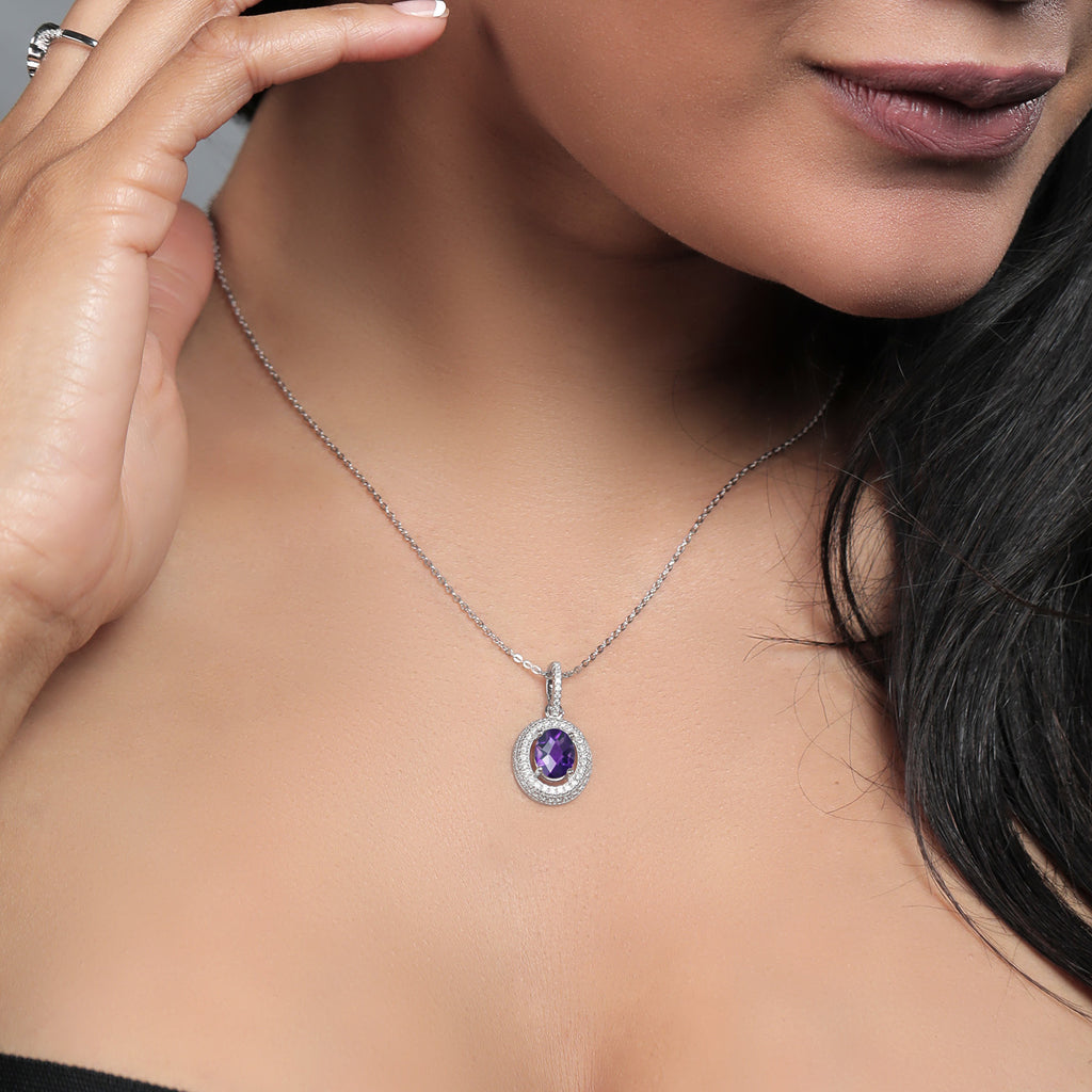 Amethyst-Checkerboard - February_Sterling Silver_Pendant in Sterling Silver