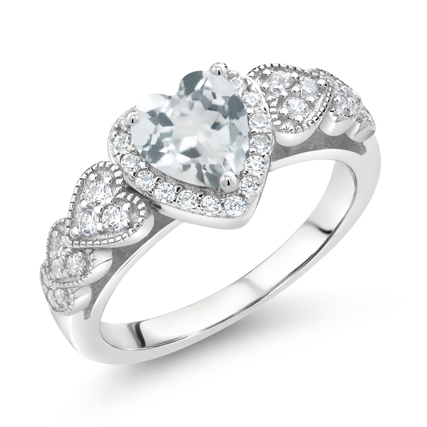 925 Sterling Silver Ring Set with Heart Shape Aquamarine and White Moissanite | 0.91 Cttw | Heart Shape 6MM | Available In Size 5, 6, 7, 8, 9