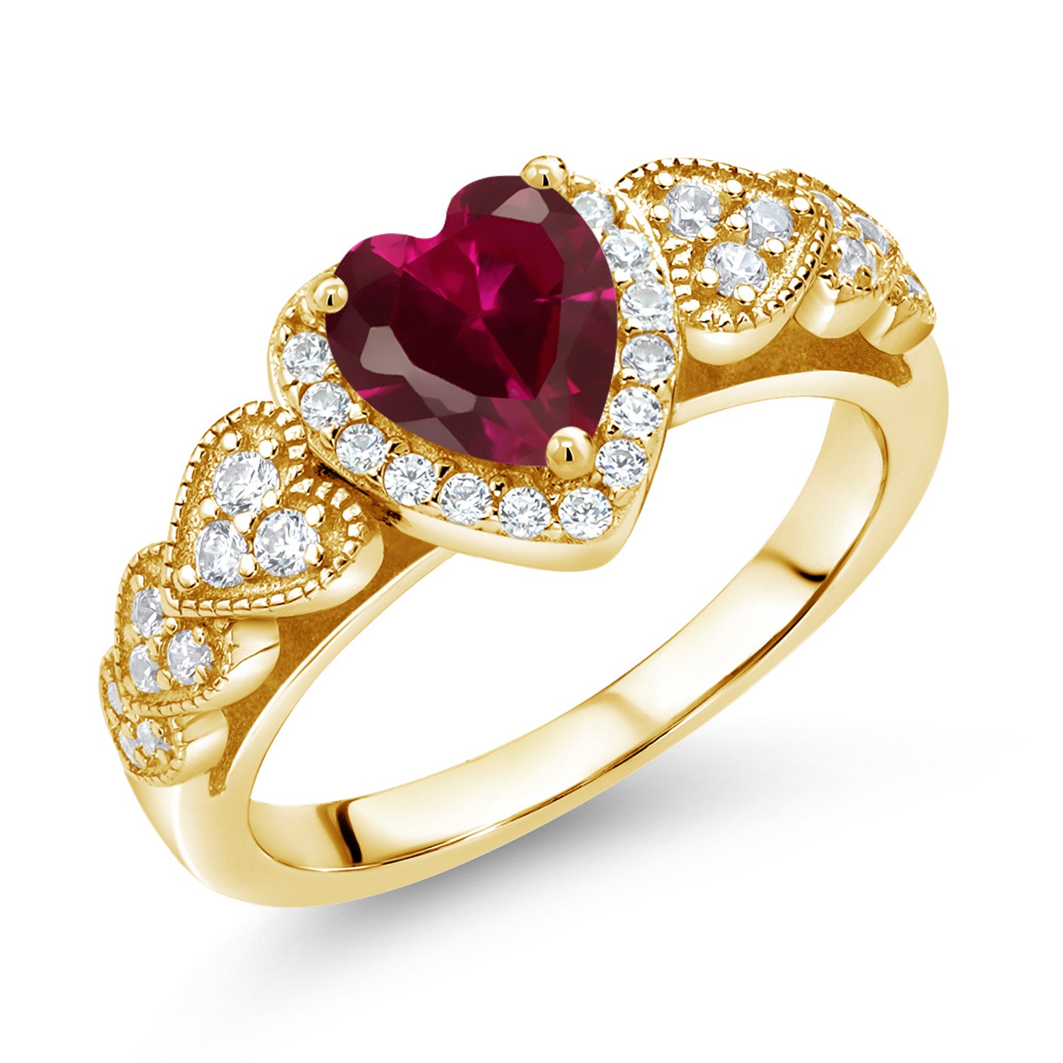 18K Yellow Gold Plated Silver Heart Shape Red Created Ruby and Moissanite Ring For Women (1.14 Cttw, Available In Size 5, 6, 7, 8, 9)