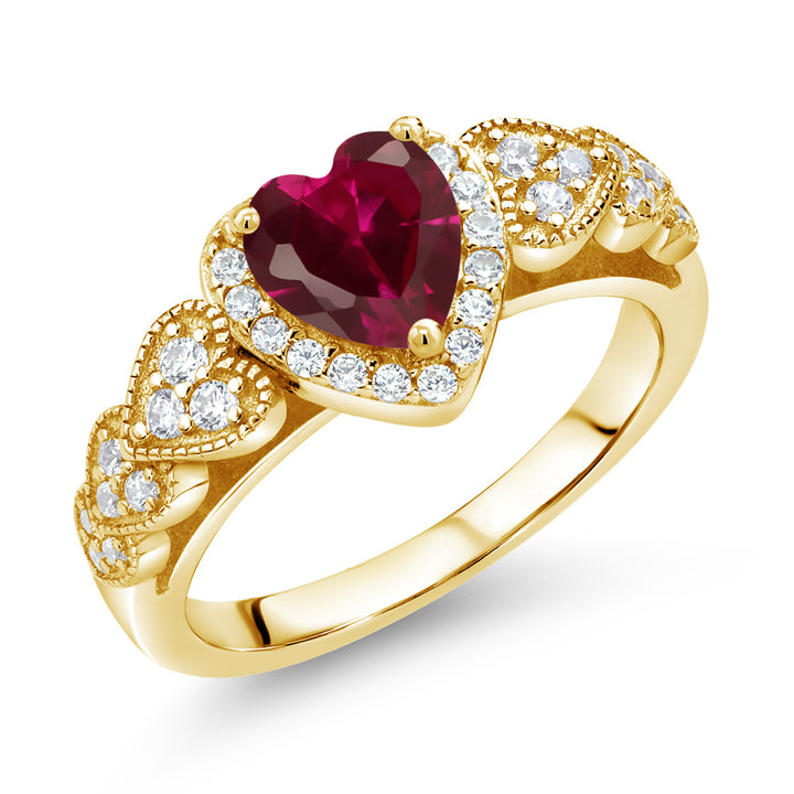 18K Yellow Gold Plated Silver Heart Shape Red Created Ruby and Moissanite Ring For Women (1.14 Cttw, Available In Size 5, 6, 7, 8, 9)