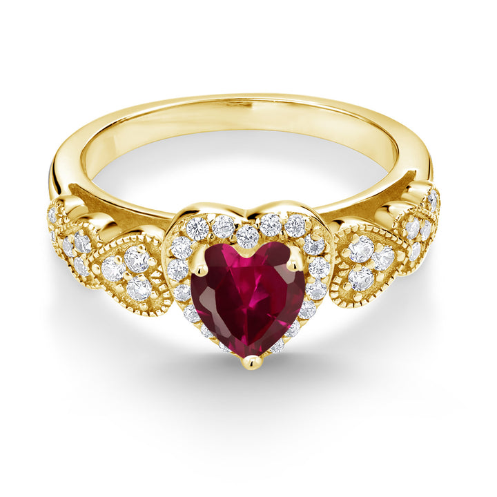 18K Yellow Gold Plated Silver Heart Shape Red Created Ruby and Moissanite Ring For Women (1.14 Cttw, Available In Size 5, 6, 7, 8, 9)