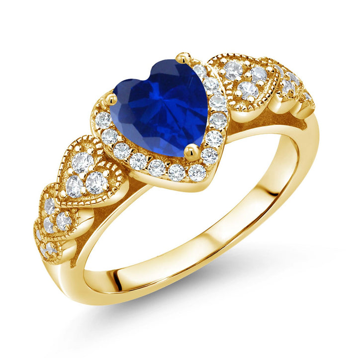 Blue Created Sapphire_5_Ring in 925 Yellow Gold Plated Silver