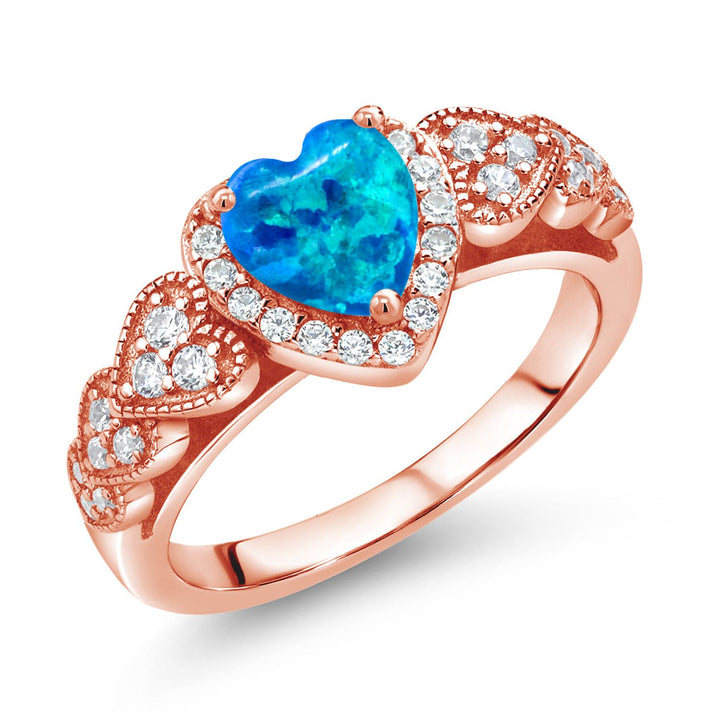 Blue Simulated Opal - October_5_Ring in 925 Rose Gold Plated Silver