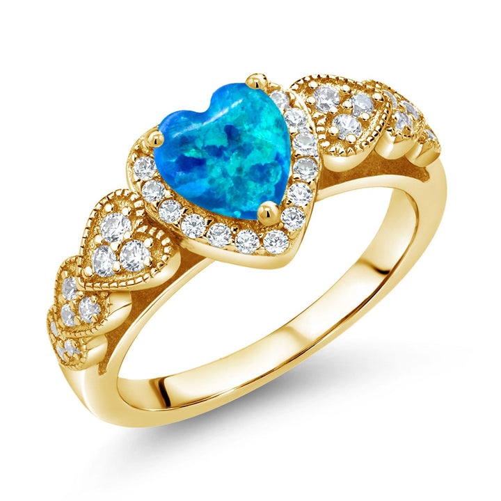 Blue Simulated Opal_5_Ring in 925 Yellow Gold Plated Silver