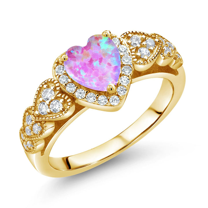 Pink Simulated Opal_5_Ring in 925 Yellow Gold Plated Silver