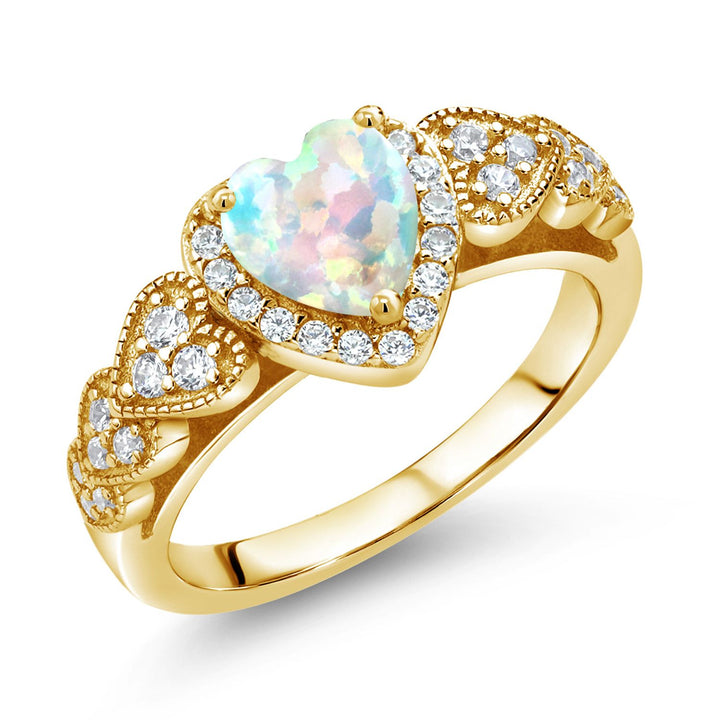 White Simulated Opal_5_Ring in 925 Yellow Gold Plated Silver