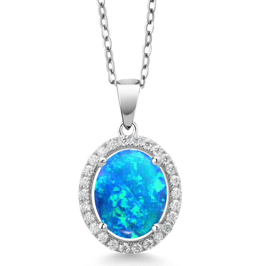 Blue Simulated Opal - October_Pendant in 925 Sterling Silver