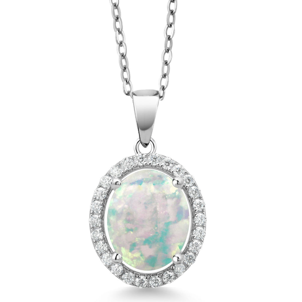 White Simulated Opal-Cabochon - October_Pendant in 925 Sterling Silver