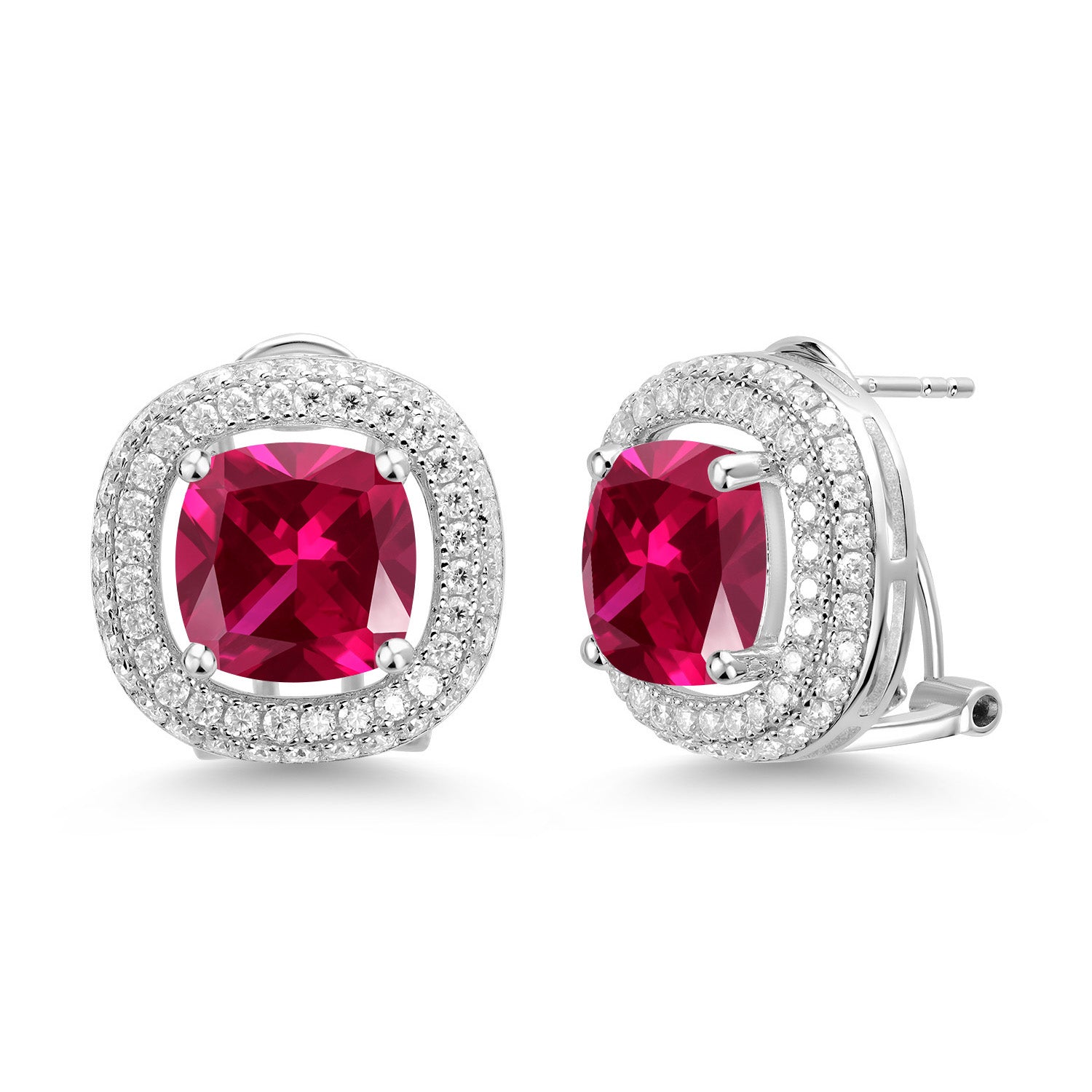 925 Sterling Silver Red Created Ruby and White Moissanite Post Clip Earrings For Women (11.80 Cttw, Cushion 10MM)