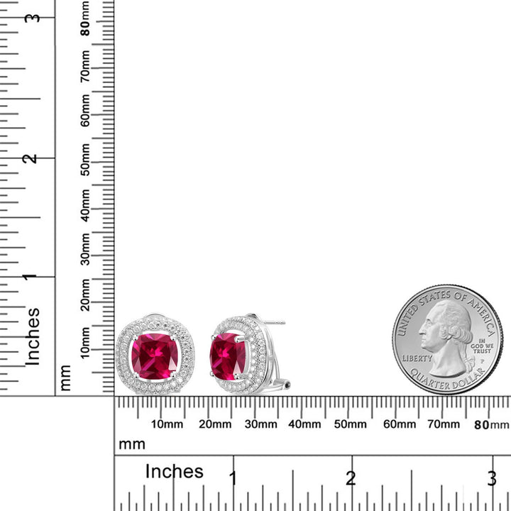 925 Sterling Silver Red Created Ruby and White Moissanite Post Clip Earrings For Women (11.80 Cttw, Cushion 10MM)