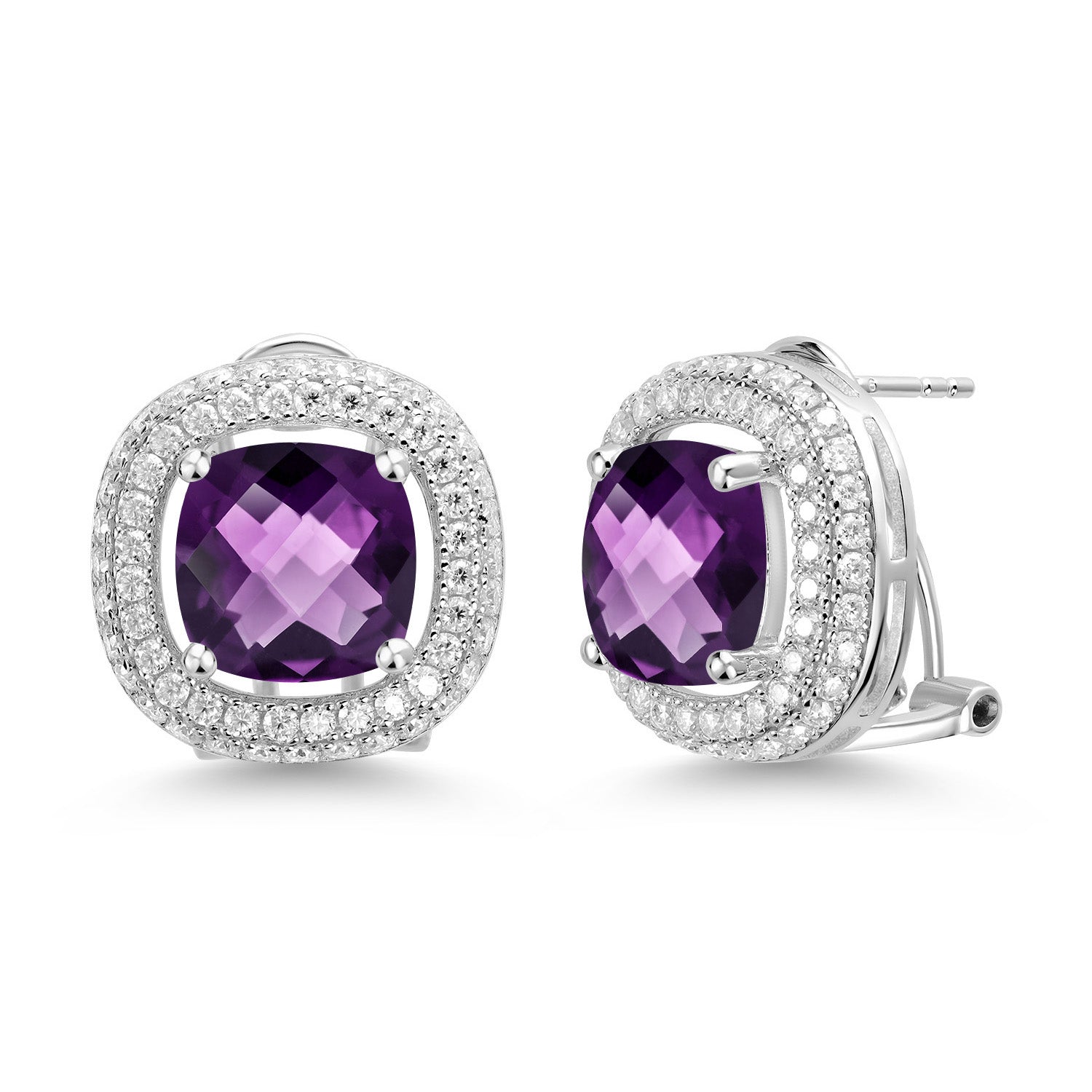 7.80 Cttw Cushion Amethyst and White Moissanite Post Clip Earrings For Women In 925 Sterling Silver | Gemstone Birthstone | Cushion 10MM