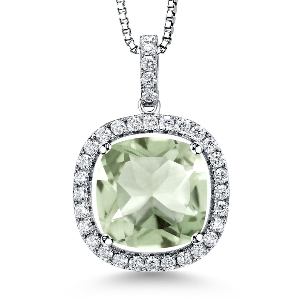 Gem Stone King 9-16 Cttw 14MM Cushion Gemstone Birthstone and White Moissanite Pendant Necklace | 925 Sterling Silver | Halo Necklace for Women | With 18 Inch Chain