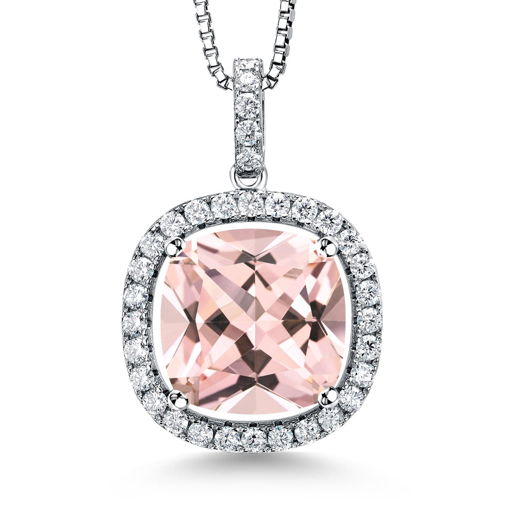 Gem Stone King 9-16 Cttw 14MM Cushion Gemstone Birthstone and White Moissanite Pendant Necklace | 925 Sterling Silver | Halo Necklace for Women | With 18 Inch Chain