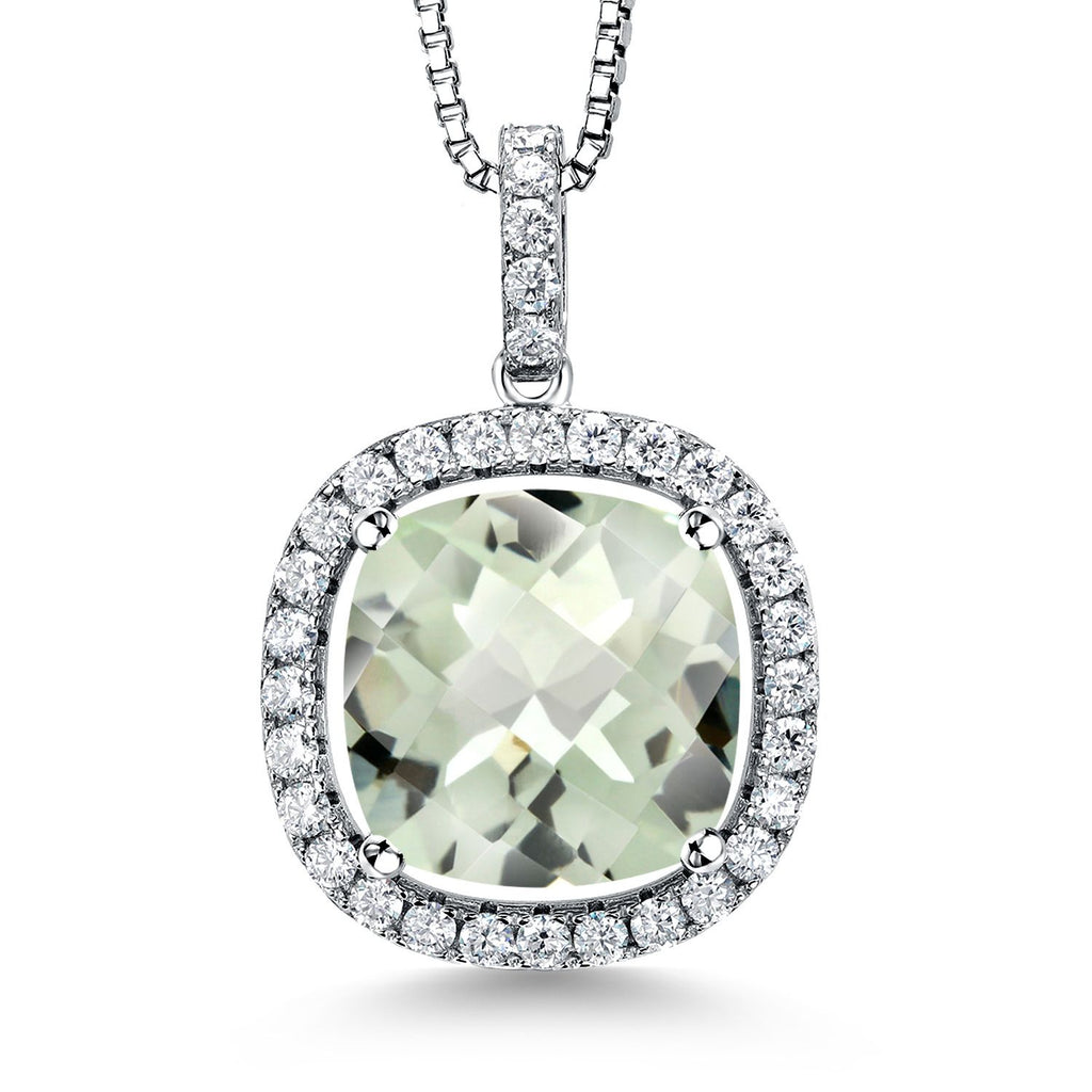 Gem Stone King 9-16 Cttw 14MM Cushion Gemstone Birthstone and White Moissanite Pendant Necklace | 925 Sterling Silver | Halo Necklace for Women | With 18 Inch Chain