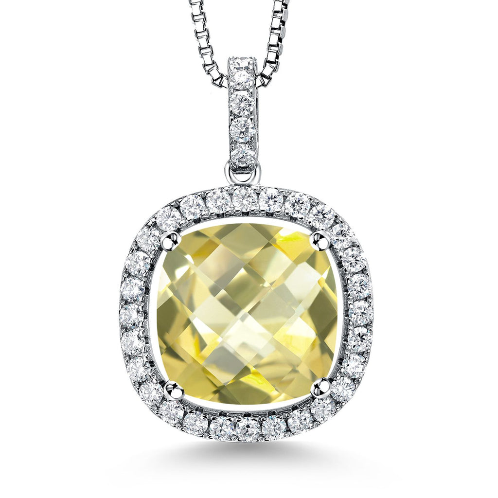 Gem Stone King 9-16 Cttw 14MM Cushion Gemstone Birthstone and White Moissanite Pendant Necklace | 925 Sterling Silver | Halo Necklace for Women | With 18 Inch Chain