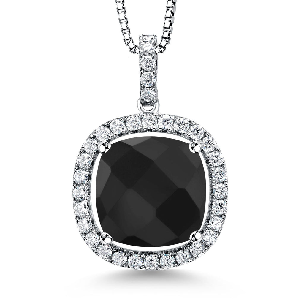 Gem Stone King 9-16 Cttw 14MM Cushion Gemstone Birthstone and White Moissanite Pendant Necklace | 925 Sterling Silver | Halo Necklace for Women | With 18 Inch Chain
