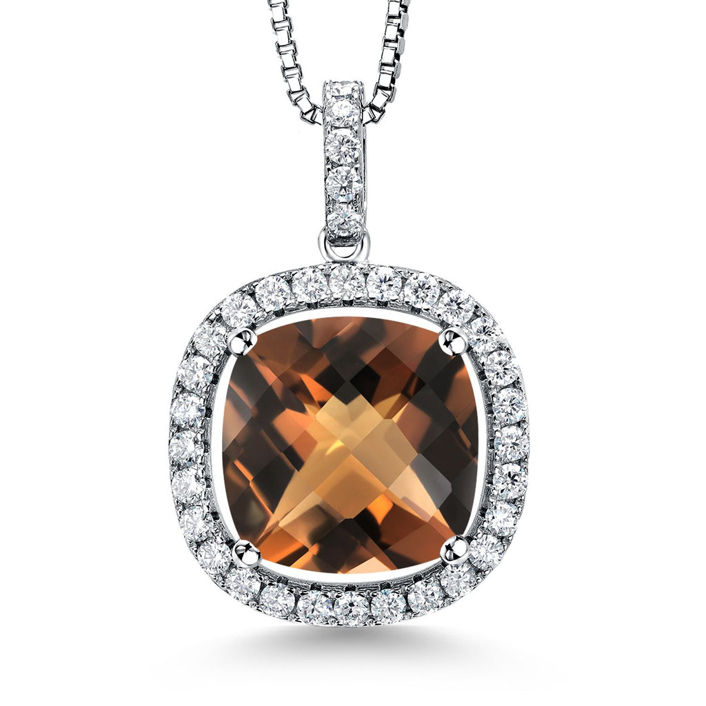 Gem Stone King 9-16 Cttw 14MM Cushion Gemstone Birthstone and White Moissanite Pendant Necklace | 925 Sterling Silver | Halo Necklace for Women | With 18 Inch Chain