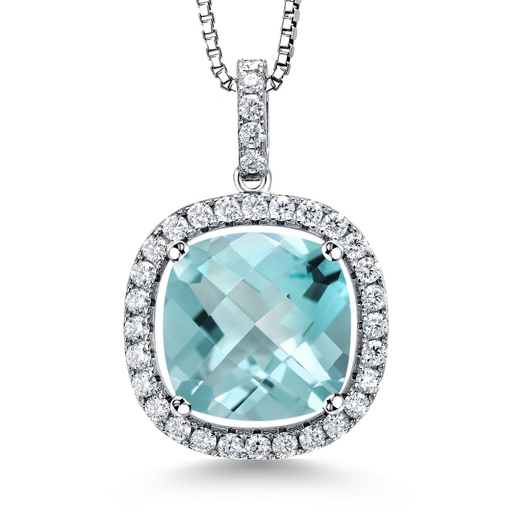 Gem Stone King 9-16 Cttw 14MM Cushion Gemstone Birthstone and White Moissanite Pendant Necklace | 925 Sterling Silver | Halo Necklace for Women | With 18 Inch Chain