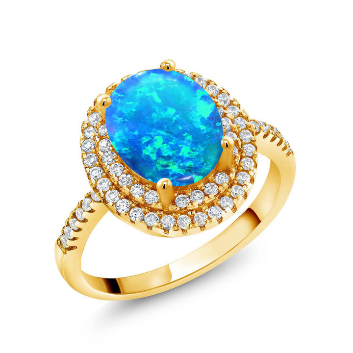 Blue Simulated Opal - October_5_Ring in 925 Yellow Gold Plated Silver