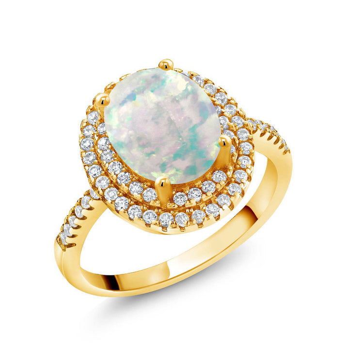 White Opal-Cabochon - October_5_Ring in 925 Yellow Gold Plated Silver